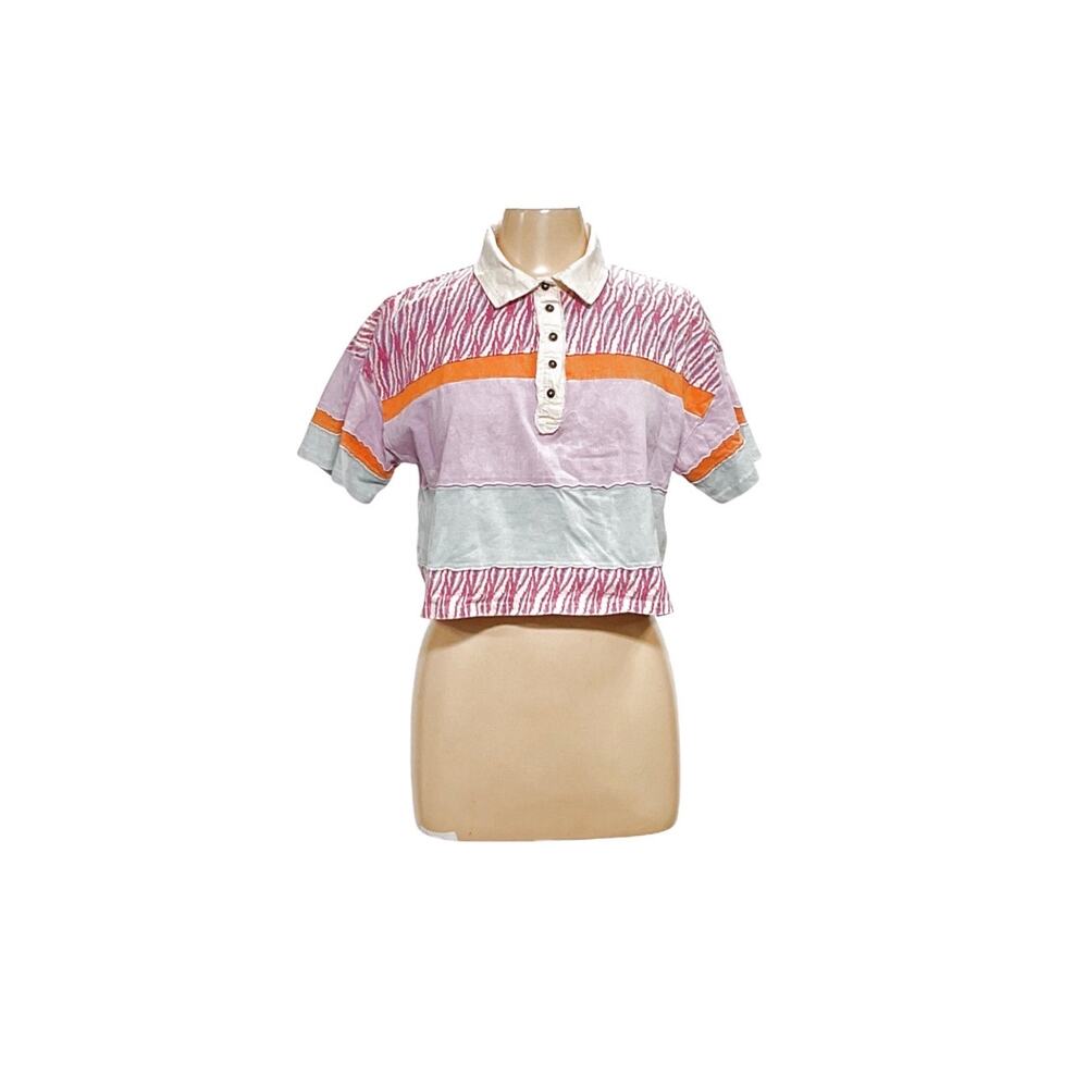 FREE PEOPLE MixPrint BELLA Collar Henley Tee Top Sz. S